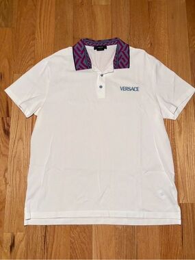 Versace Blue Magenta Collar Embroidered Logo Polo Shirt NWOT🔥